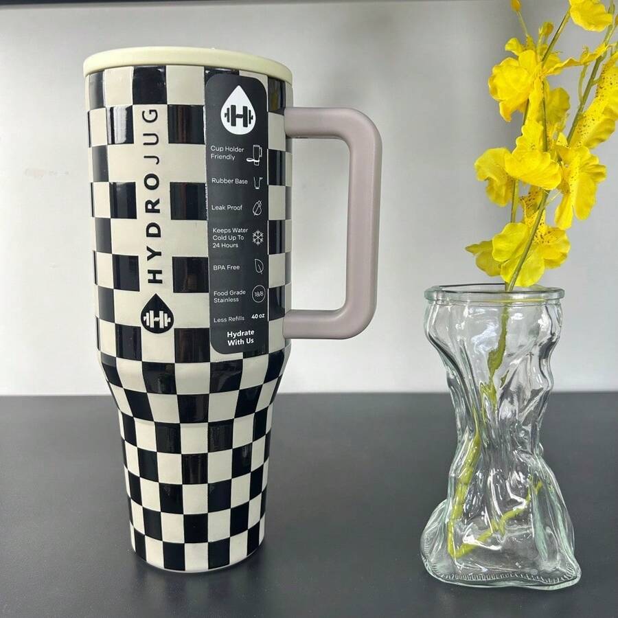 (Hydr0jugg)40oz Large Capacity Insulated Tumbler,Black White Plaid Pattern | New Printed Design | Stainless Steel Liner | Long-Lasting Hot & Cold Retention | Lockable Leakproof Lid | Upside-Dawn Spill-Free | Dual Spout - Direct Sip & Straw | Home & On-The-Go | All-Day Hydration | Valentine's & Easter Gift | Special Promotion - 40oz Black and White Checkered - View 1