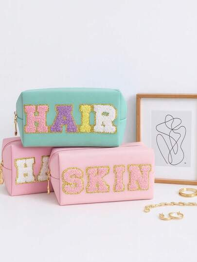 1 Piece Of Makeup Tool Storage Chenille Letter Makeup Bag Large Capacity Waterproof Toiletry Bag Travel Storage Bag Holiday Vacation Essential Gift For Mom