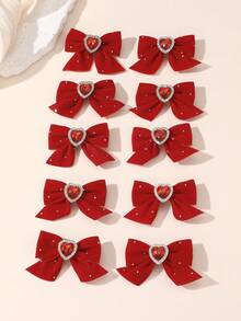 Bộ 5/10 kẹp tóc hình trái tim và nơ đính đá đỏ cho bé gái, thích hợp để trang trí năm mới và sử dụng hàng ngày. - Đỏ - Xem 9