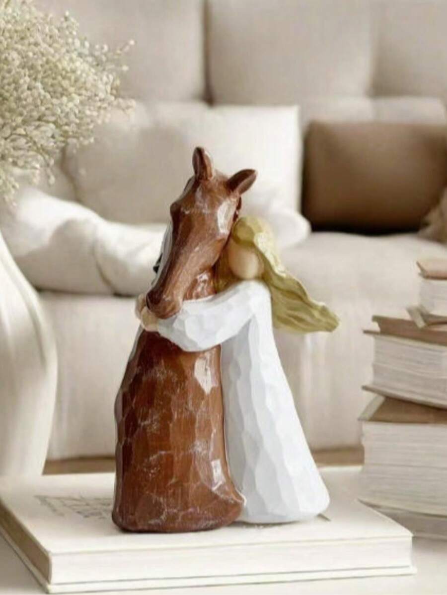 1pc Elegant Resin Horse Sculpture, Hand-Painted Girl Hugging Horse Figurine Decor, Suitable For Horse Lovers, Teens, Girls (No Electricity Required)