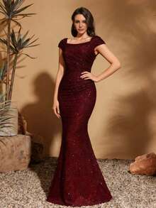 Women's Elegant Sequin Dress, Basic Party Dress - Burgundy - View 3