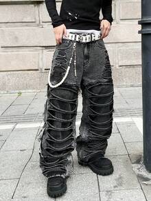 1 pezzo Jeans larghi stile di strada americano uomo, stile casual e comodo, moda casual di alta strada, versatile per tutte le stagioni (cintura e accessori non inclusi) - nero - Visualizzare 7