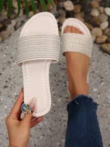 Summer New Fashion Versatile Beach Soft Bottom Comfortable Crystal Embellished Flat Slide Sandals - Beige - View 1