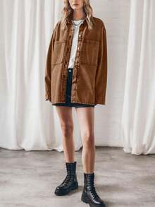 Saodimallsu Women's  Denim Overshirt Jacket Oversized Long Sleeve Button Up Casual Boyfriend Coat - 棕色 - 查看 4