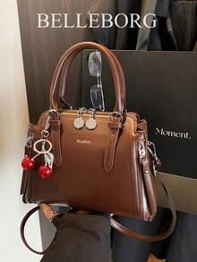 Vintage Minimalist Zipper Decor Commuter Handbag With Pendant - Coffee - View 6