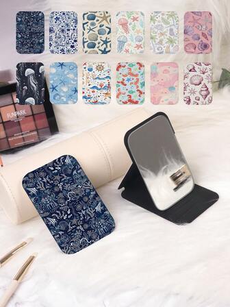 1pc Ocean Animal Series Portable Vanity Mirror, Foldable Lightweight Compact Handheld Mirror, Durable PU Leather, Metal Vacuum Plating, Suitable For All Occasions And People, Foldable Square Pocket Mirror
