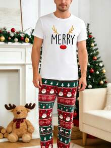 1pc Matching Christmas Shirt For Couples/Festive Reindeer & "Merry Christmas" Print/Red & White Plaid/Short Sleeve/Round Neck/Casual Style/Perfect For Holiday Gifts/All-Season Comfort/Christmas Pajamas/Christma Pj Couple/T Shirt For Women/Top For Women - 男士白色 - 查看 2