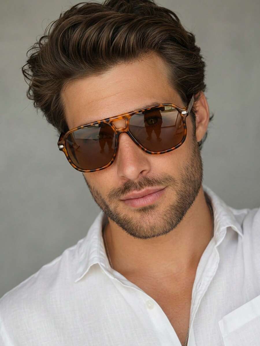 1 par de gafas de hombre con montura cuadrada de PC con estampado de leopardo, puente doble y unicolor, de estilo minimalista y de calle - Multicolor - Ver 1