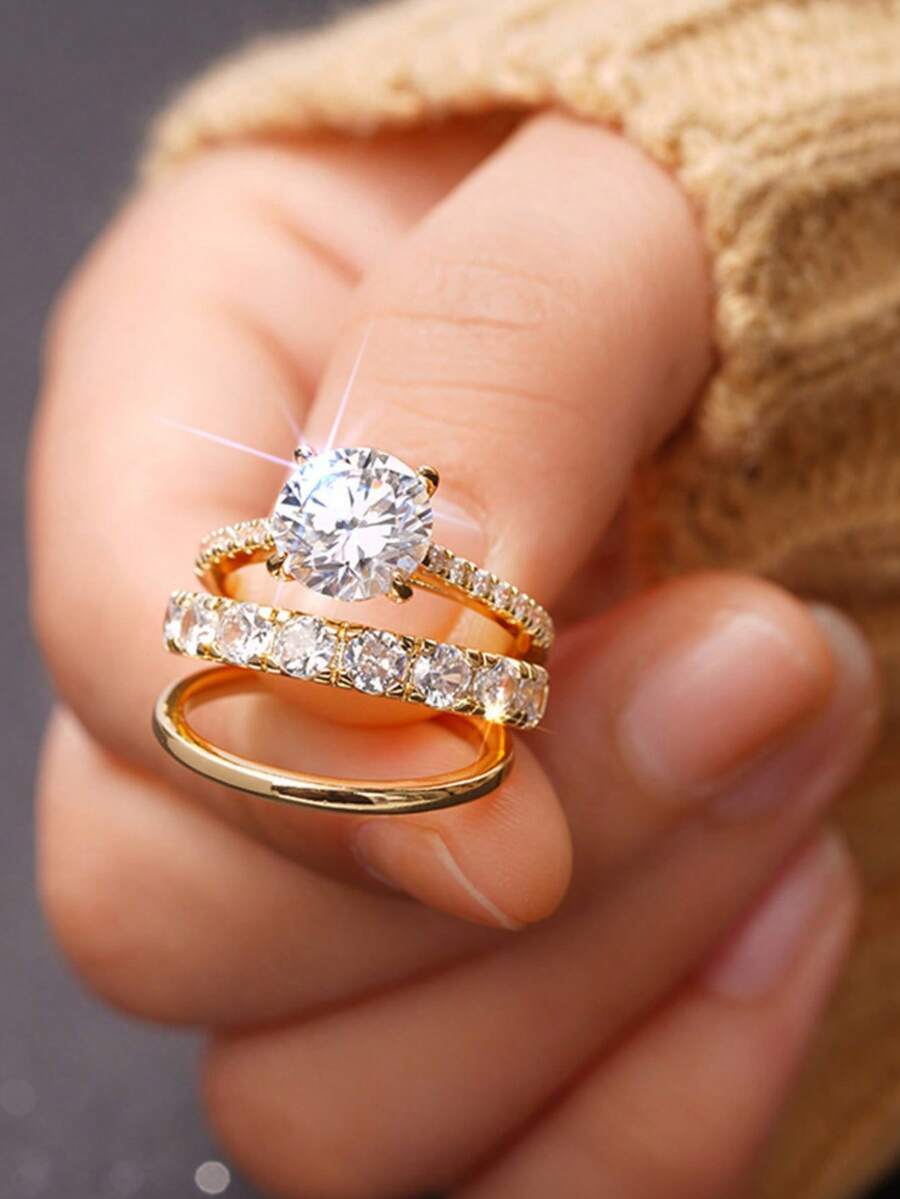 3pcs Set Luxury Alloy Cubic Zirconia Stackable Rings For Women, Suitable For Daily Wear, Engagement, Anniversary, Candlelight Dinner Date - Three Piece Set - View 1
