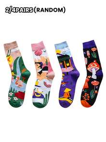 2/4 Pairs Random Fashion Versatile Creative Asymmetric High Socks, Patterns Include Cartoon Animals, Tools And Figures - Multicolor - View 11