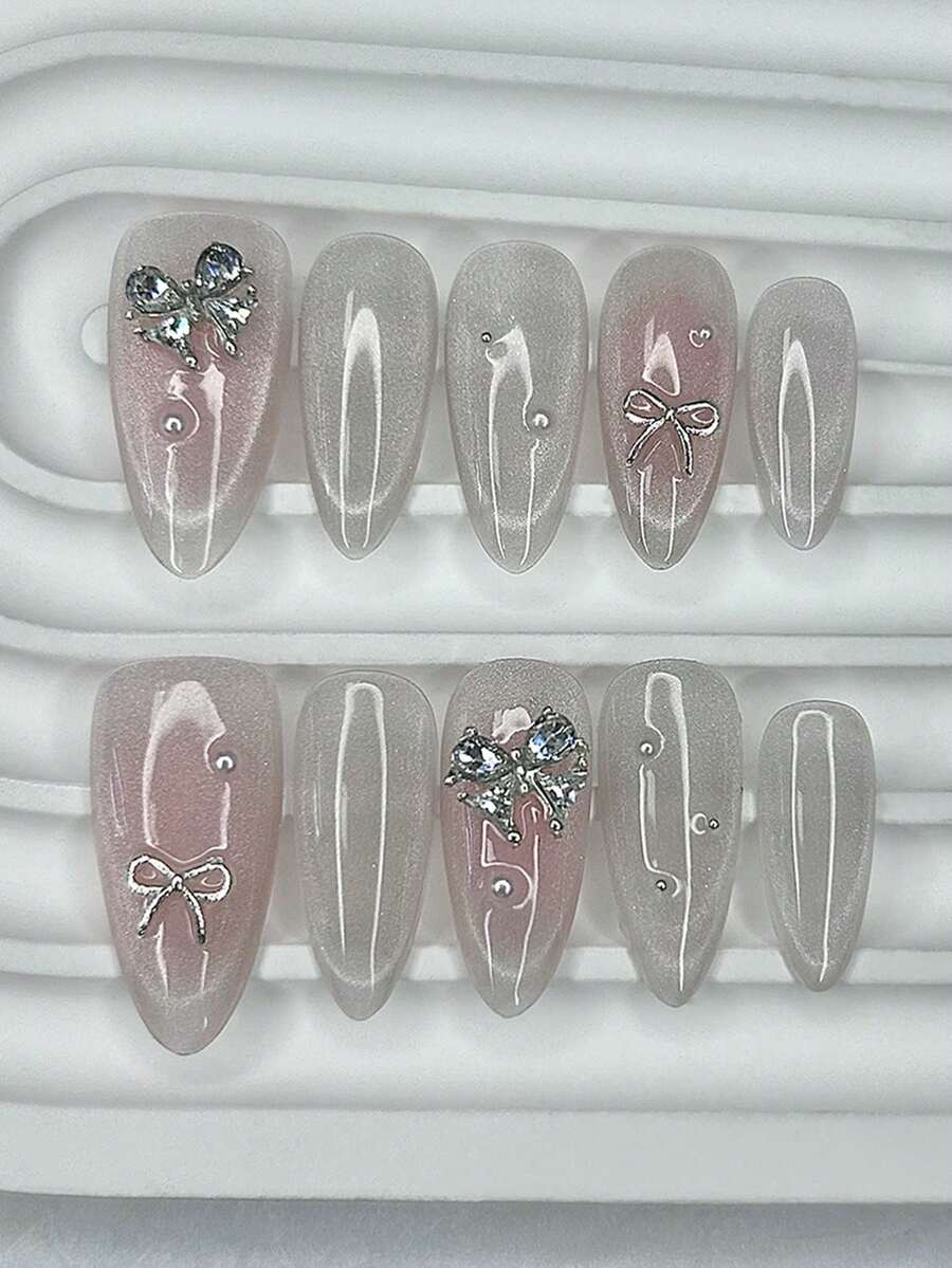10 Pieces Cute Pink Blush Almond Handmade Press On Nails 3D Bow Pearl Diamond Cat Eye Glitter Fake Nails Gentle Sweet Soft Girl Nail Art Fake Nails Nail Supplies(1 Sheets Jelly Stickers+1PC Nail File) ﻿
