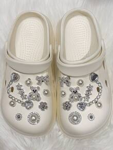 20pcs/Set New Fashion Original Heart Chain Pearl Cute Diamond Bear Series DIY Hole Shoes Decorative Accessories - Diamond Pentagram, Bow, Large Pearl, Detachable Shoe Buckle Accessories, Cute ABS Plastic Pearl Hole Shoes Buckle For Beach, Home, Outdoor, Summer - Ginger - View 1