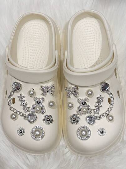 20 st/set nya mode originella hjärtkedja pärla söt diamantbjörnserie gör-det-själv-hål skor dekorativa tillbehör - diamantpentagram, rosett, stor pärla, avtagbart skospänne tillbehör, sött ABS-plast pärlhål skospänne för strand, hem, utomhus, sommar