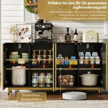 Sideboard, 150 Cm, Buffetschrank With Well-Förmigen, Geriffelten Türen, Verstellbaren Metallfüßen, Modernm Esstisch, Kippsicher, Geeignet Für Esszimmer, Küche Und Wohnzimmer – Schwarz - Black - View 5