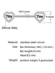 1Pair 14G 316L Heart Shaped Diamond Symmetric Nipple Ring Surgical Steel Nipple Ring Body Piercing Women's Jewelry,Daily Wear