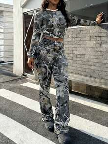 2 Pcs Women's Fall Sets Multicolur Long Sleeve Tee Top And High Waisted Leggings Pants Workout Set,Easter Day Clothes - nâu xám - Xem 3