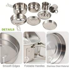 8-Piece Stainless Steel Camping Cookware Set With Pots, Plates, Cups & Handles – The Essential, Practical And Durable Field Kitchen Gear For Camping And Hiking. - Silver - View 3
