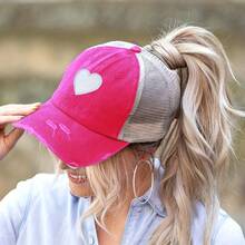 1pc Womens Distressed Sand Corduroy Baseball Cap With Heart Embroidery And White Stitch Detailing Featuring A Functional High Ponytail Hole And Breathable Mesh Back Panel Soft Structured Brim And Adjustable Snapback Closure For A Perfect Flattering Fit Ideal For Coffee Shop Lines Outdoor Markets Weekend Getaways Spring Picnics And Effortlessly Cool Everyday Style - 彩色 - 查看 2