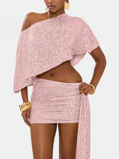 Womens Sequin One Shoulder Crop Shawl Top, Sparkly Asymmetrical Short Capelet Blouse, Party Club Night Out Glitter Outfit For Festival, Birthday  Special Occasion