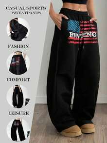 宽松阔腿慢跑裤，带字母口袋，男女通用直筒休闲运动裤，适合日常穿着，春/秋/冬季 - 耀夜黑 - 查看 7
