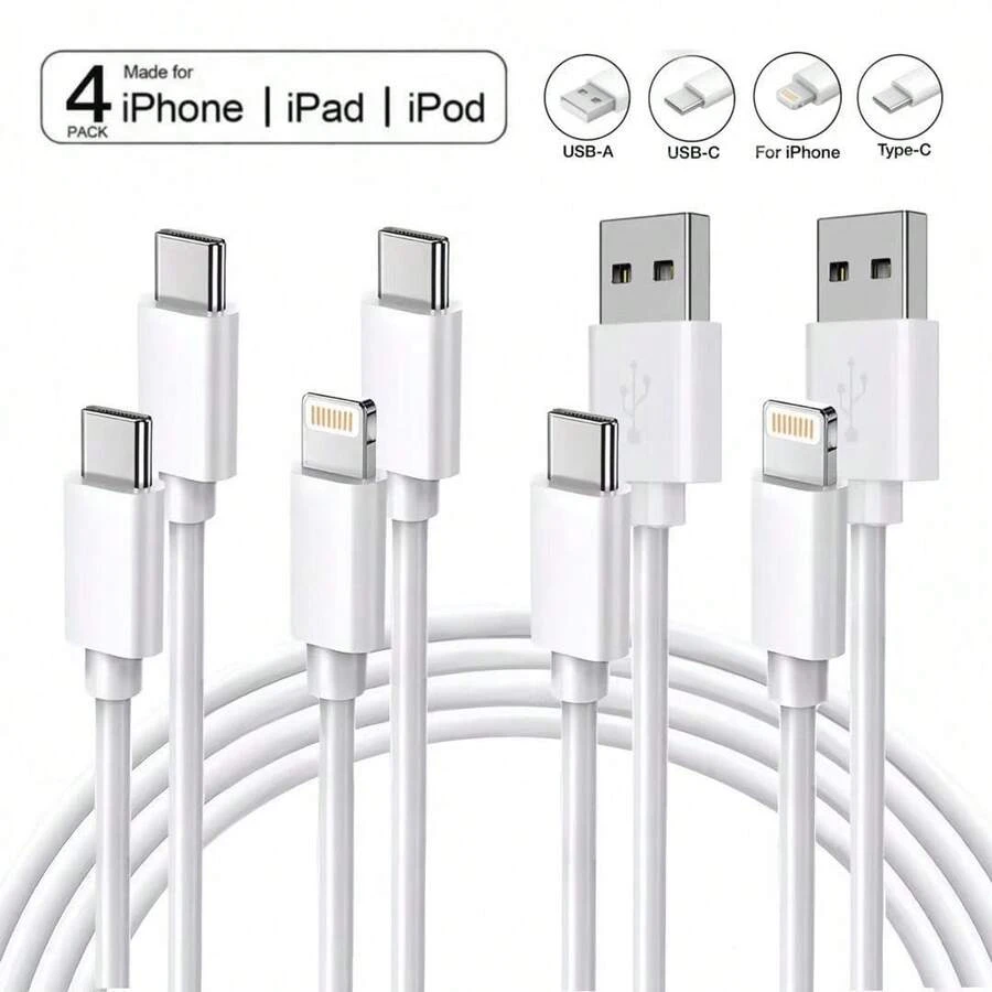 快速充电4件套3.3英尺数据线，兼容 17/16/15/14/13/12，充电器，快速充电，MFi认证，20W PD快充数据线，USB-C转Lightning，USB-C转Type-C，USB-A转Lightning，USB-A转Type-C，妇女节生日礼物 - 彩色 - 查看 1