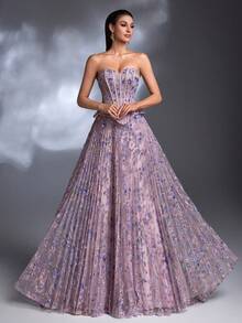 AMILUCK New Elegant Luxury Heavily Sequined & Beaded Lace Strapless Mermaid Hem Layered Ruffle Maxi Dress, Suitable For Formal Evening Gala, Party, Red Carpet, Wedding Guest Spring - Dusty Pink - View 7