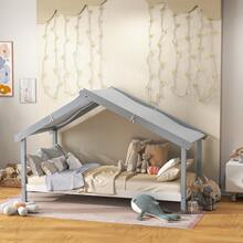 HOMCOM蒙特梭利兒童星空頂小屋床，90x190厘米，15根床板，松木框架，帶安全護欄，灰色 - 灰色 - 查看 2