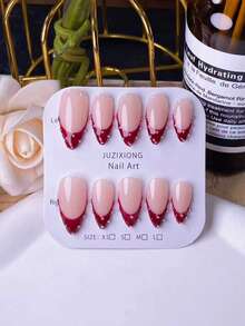 10 Pieces Of Handmade Almond-Shaped Red French Bead Press-On Nails. Featuring Hand-Painted Red French Tips And Manually Embellished With Silver Beads, These Elegant, Romantic And Minimalist Press-On Nails Are High-End, Sexy And Luxurious Nail Art Patches. They Are Suitable For Daily Wear, Dates, Concerts And Light Business Occasions, And Make An Excellent Gift For Women And Girls - Multicolor - View 5