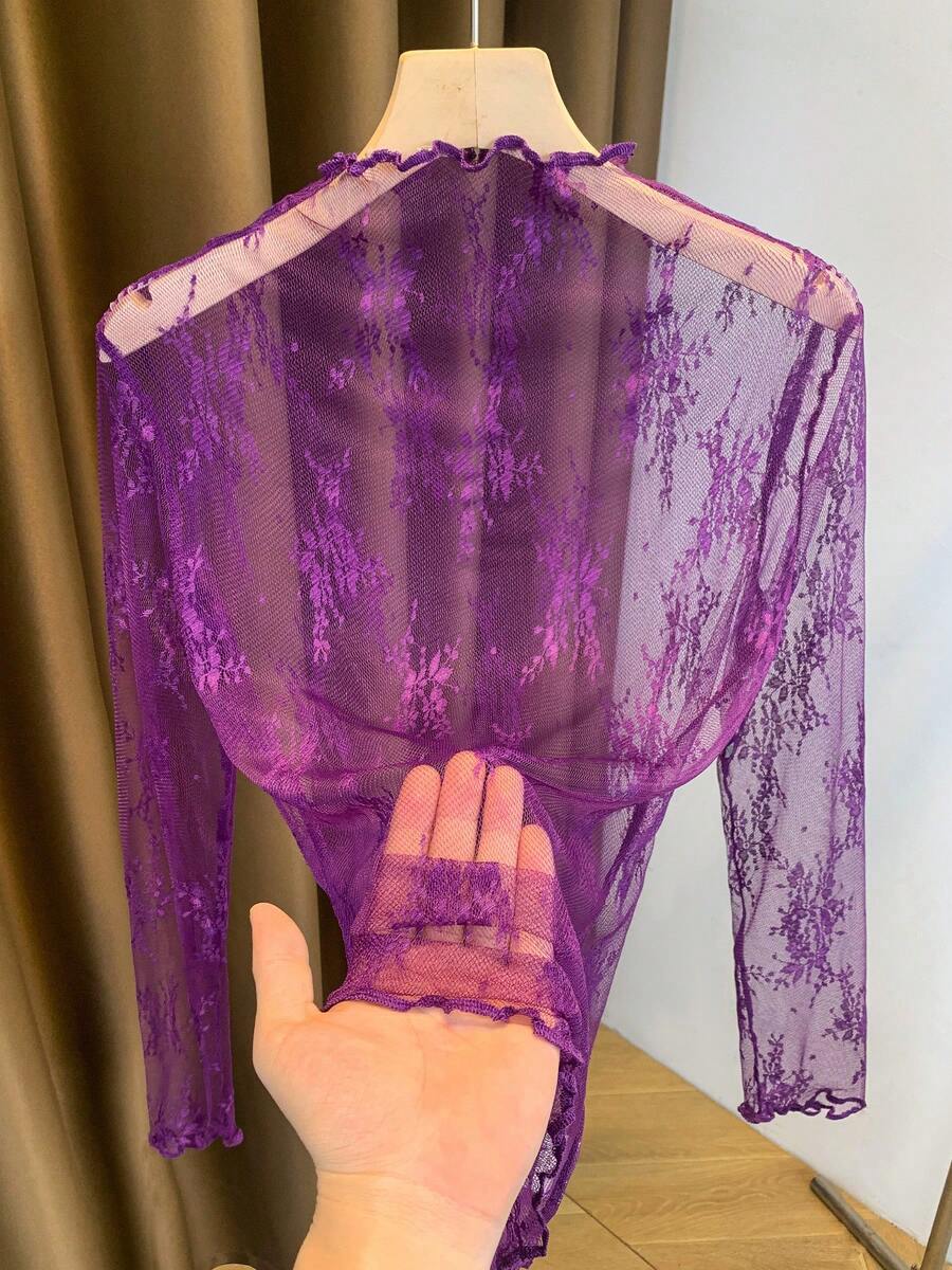 Áo lót nữ dài tay ren cổ cao, chất liệu lưới xuyên thấu, dáng ôm, hàng mới về năm 2025, thích hợp mặc mùa xuân/hè/thu. - Màu tím - Xem 1
