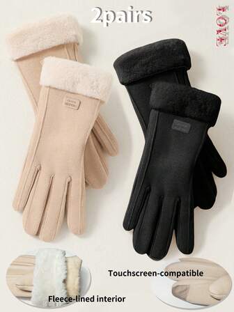 2Pairs Winter Thermal Lined Thickened Gloves - Warm Touchscreen Gloves With Fuzzy Cuffs For Students & Ladies, Soft Skin-Friendly Non-Pilling Material, Suitable For Outdoor Cycling, Driving & Cold Weather Protection