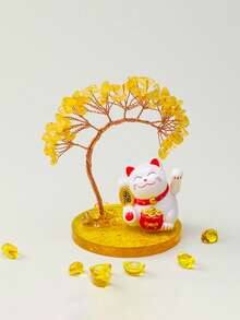 招财猫水晶摇钱树 - 黄水晶/紫水晶风水摆件，寓意财富与好运 | 家居办公室桌面摆件礼品