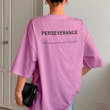 T-Shirt With "Perseverance" Print Lettering. Minimalist, Casual, Modern, Sophisticated, Simple, Basic, Summer, Oversized. - Baby Pink - View 11