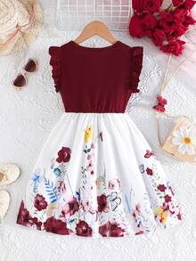 Tween Girls Elegant Floral Print Patchwork Short Cap Sleeve Casual Dress, Summer - Red - View 3