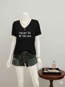 Slogan TOO HOT TO BE THIS COLD Printed Plus Size Women's Solid Color V-Neck Short-Sleeved Casual Loose Summer - Black - View 1
