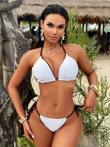 Women's Summer Beach Vacation Fashion White Contrast Trim Halter Bikini Set - Multicolor - View 4