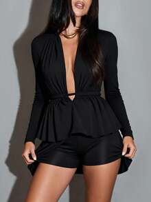 Sexy & Fashionable Deep V-Neck Ruched Front, Open Back Tie-Up Design Ruffle Hem Long Sleeve Top, Spring/Summer New Arrival