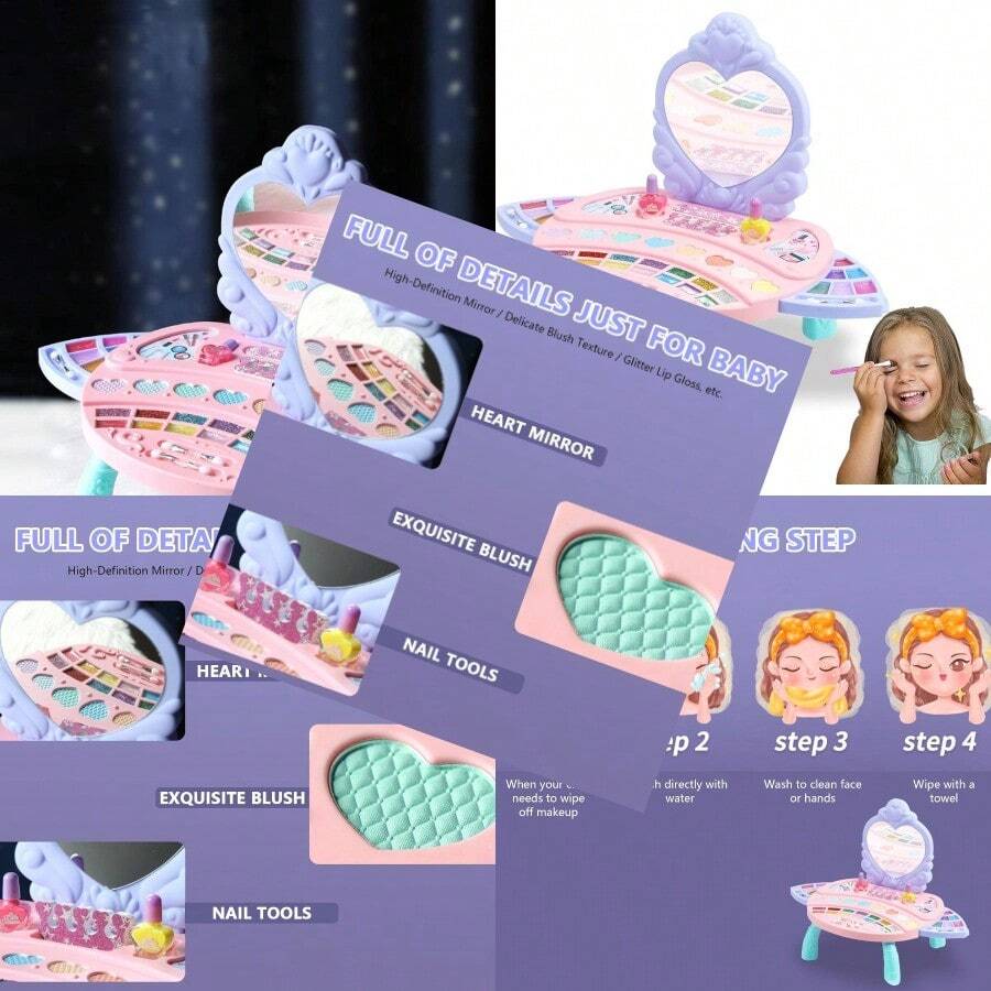 NA 2 Pcs Play Maquillaje para Niñas - Real Little Girls Juego de Maquillaje Tocador de Juguete Juguetes de Maquillaje Lavables de Princesa con Espejo para niños Juego de simulacion MaquillajeConveniente y duradero, favorito para niños - Multicolor - Ver 1