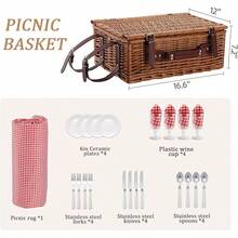 Cesta de picnic para 4 personas con manta impermeable y enfriador aado cesta grande de mimbre para camping y al aire libre - Cuadrospequeosrojosyblancos - Ver 3