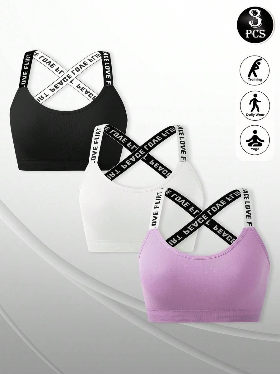 3 piezas Sujetador deportivo con tiras con letras para mujeres, adecuado para yoga, correr, entrenamiento - Multicolor - Ver 1
