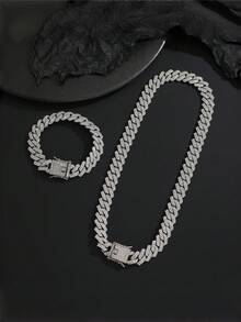 Set de 2 piezas de joyería de hip hop, collar y pulsera de eslabón cubano totalmente cubiertos de hielo, regalo adecuado para hombres y mujeres - Conjunto cubano de dos piezas con diamantes de imitación - Ver 7