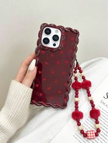 防震酒红色爱心图案新颖手机壳，编织酒红色亮面爱心图案，搭配毛绒珠链，防震手机壳，兼容 14、14 Pro、14 Pro Max、13、13 Pro、13 Pro Max、11、11 Pro Max、12、12 Pro、12 Pro Max、XR、XS、15、15 Pro、15 Pro Max、16、16 Pro、16 Pro Max、17、17 Pro、17 Air、17 Pro Max，春季礼物，生日派对佳品 - 彩色 - 查看 4