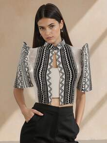 Amyenjoylife Modern Filipiniana Top,Butterfly Sleeves Filipiniana,1 Piece Of Women's Embroidery Spliced Bubble Sleeve Top - Black and White - View 4