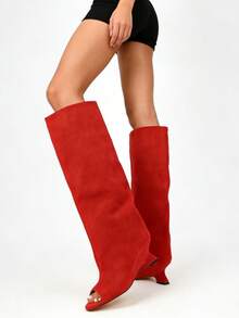 Women's Knee High Boots Wide Calf Long Boots Casual Square Toe Stiletto Kitten Heel Boots Fashion Shoes Winter Fall Women's Slouchy Boots Walking Office Dressy Shoes - 紅色-A - 查看 5