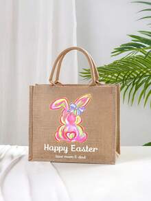 Personalized Easter Bag, Jute Easter Bag, Custom Easter Bunny Bag With Name, Kids Egg Hunt Bags, Easter Basket, Easter Gift Bags - Khaki - View 1