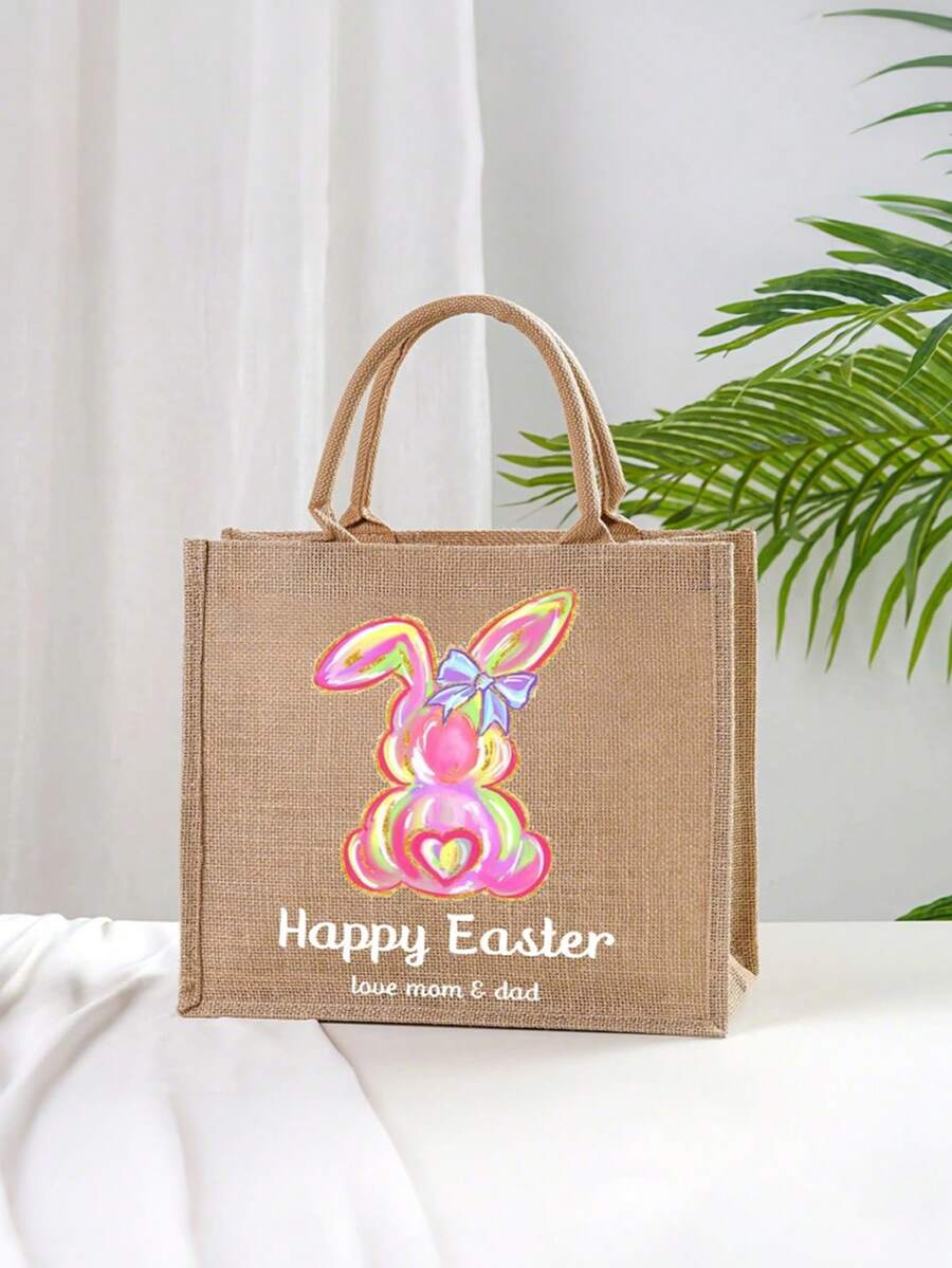 Personalized Easter Bag, Jute Easter Bag, Custom Easter Bunny Bag With Name, Kids Egg Hunt Bags, Easter Basket, Easter Gift Bags - Khaki - View 1