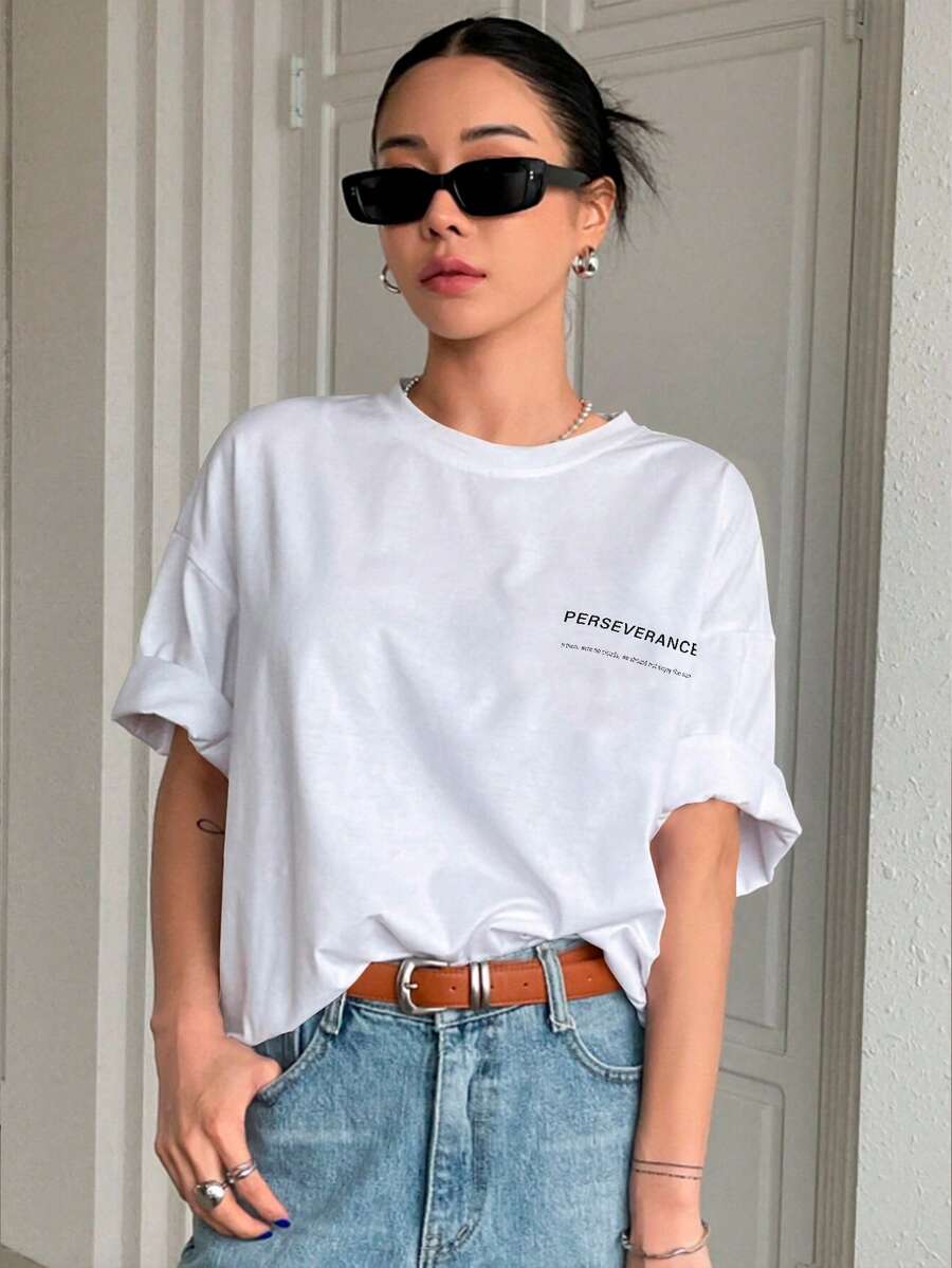 T-Shirt With "Perseverance" Print Lettering. Minimalist, Casual, Modern, Sophisticated, Simple, Basic, Summer, Oversized. - White - View 1