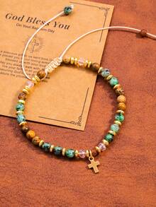 1pc Personalized Faith Cross Colorful Bohemian Beaded Bracelet - Color - View 3
