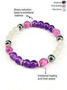 1pc/Natural Amethyst, Rose Quartz, Moonstone Bracelet, 8mm Beaded Elastic Bracelet, Bohemian Style Women's Bracelet, Relieves Stress, A Perfect Gift For Her - White - View 2