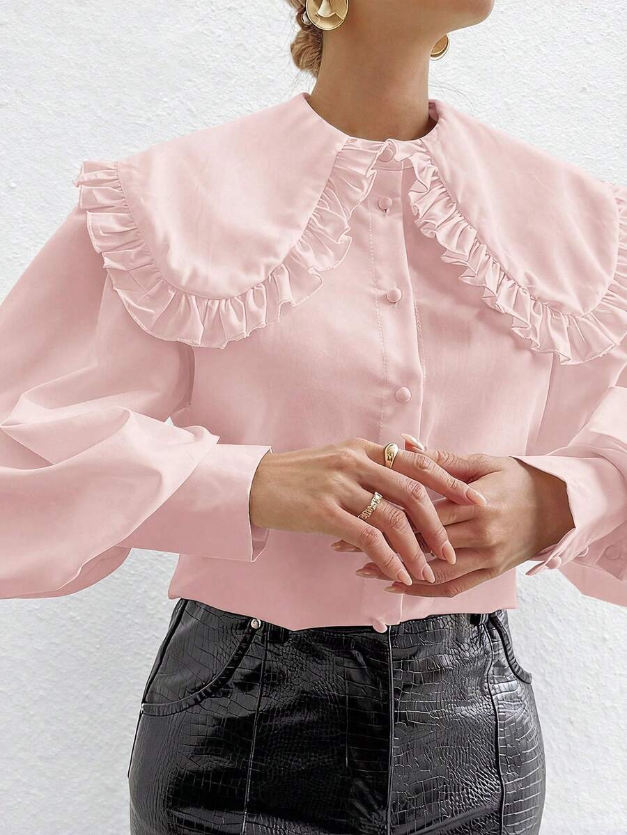 Elegant Women's Solid Color Peter Pan Collar Bishop Sleeve & Ruffle Detail Fashion Long Sleeve Blouse, Versatile For Commute, Casual, Minimalist, Spring/Summer/Autumn/Winter, Suitable For New Year, New Year's Eve, Valentine's Day, Date, Party, Business Office, Romantic Valentine's Day