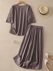 两件套纯色休闲上衣和不对称下摆半裙，夏季套装 - 摩卡棕 - 查看 2